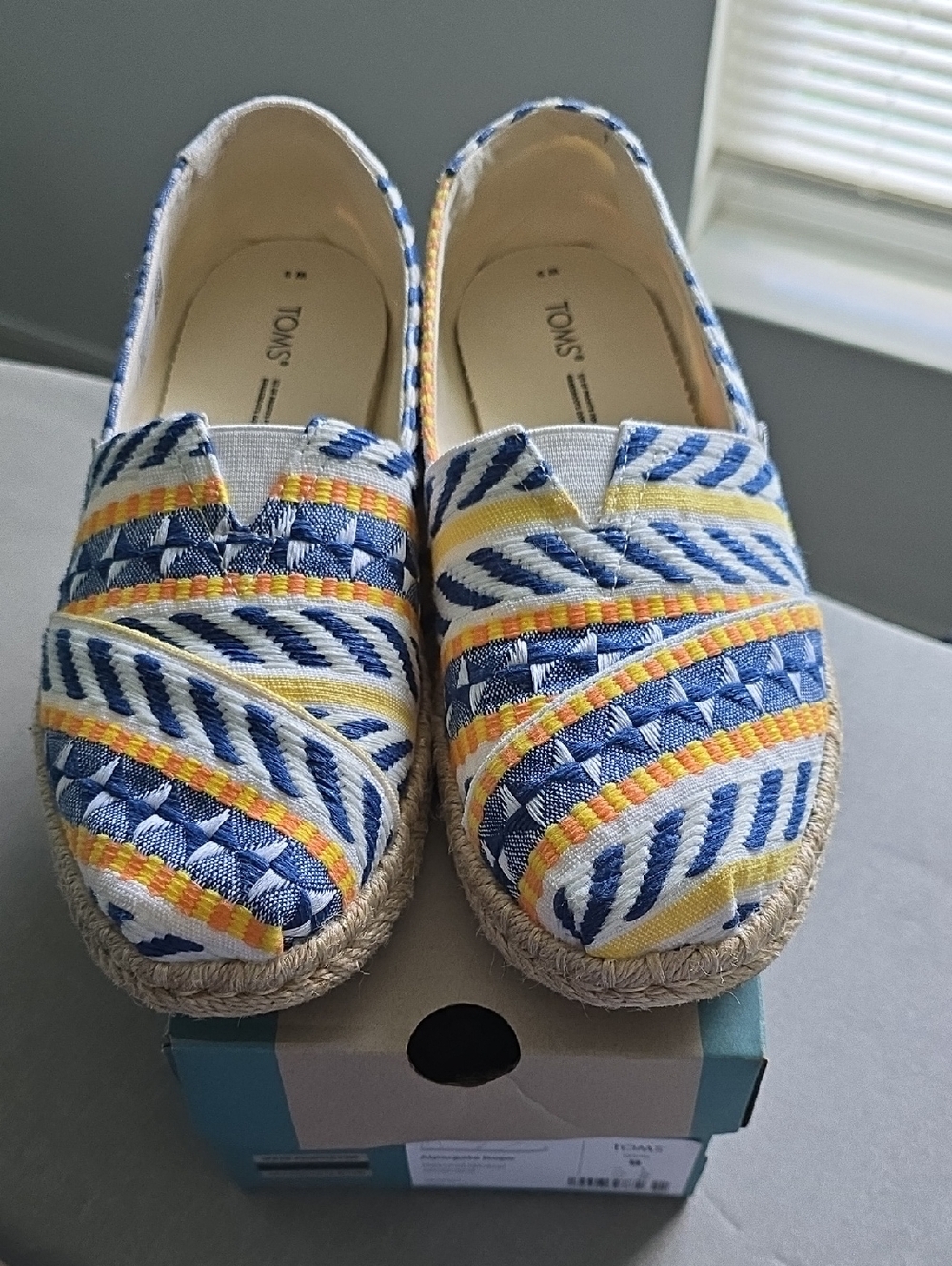 TOMS Blue, Yellow & White Woven Espadrille Slip-Ons